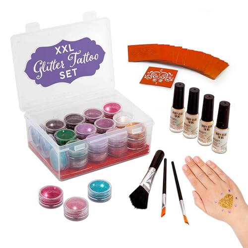 Joya Creative Glitzer Tattoo Set für Kinder - Glitter Tattoo Kit - Umweltfreundliche Glitzertattoos für Kinder - 168 Schablonen, 30 Farben, 4 Pinsel, 4 Kleber - Perfekt für Mädchen Joya Creative Glitzer Tattoo Set für Kinder - Glitter Tattoo Kit - Umweltfreundliche Glitzertattoos für Kinder - 168 Schablonen, 30 Farben, 4 Pinsel, 4 Kleber - Perfekt für Mädchen von Joya Creative
