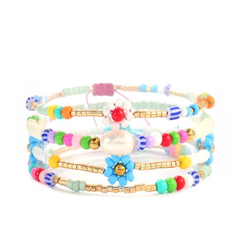 Joya Love Buntes Gänseblümchen-Blumen-Perlen-Stapelarmband Damen-Saatperlen-Armband Schmuck Geschenk Regenbogen Elastisch Exquisites Modearmband-Set von Joya Love