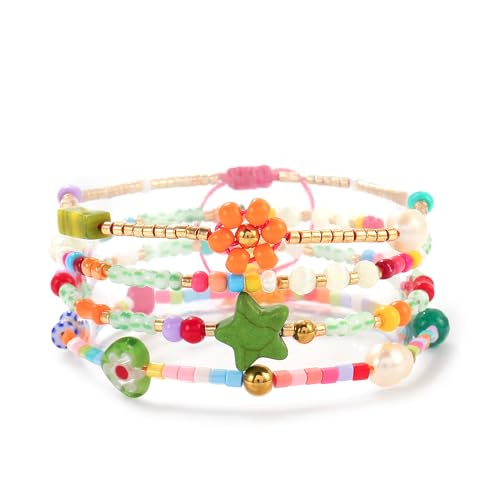 Joya Love Gänseblümchen-Perlenarmband, Damen-Rocailles-Perlenarmband, Schmuckgeschenk, Regenbogen, elastisch, exquisites Modearmband-Set von Joya Love