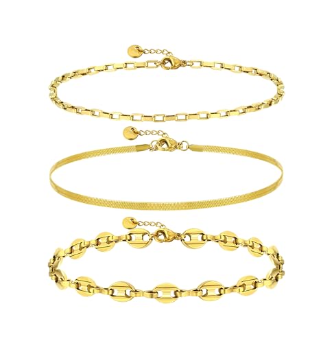 Joya Love Goldene Kette Edelstahl Wasserdichte 6 inches 3 Stück Armbänder für Frauen Stapeln Wasserdicht Nicht Anlaufend Zierliches Schmuckset von Joya Love