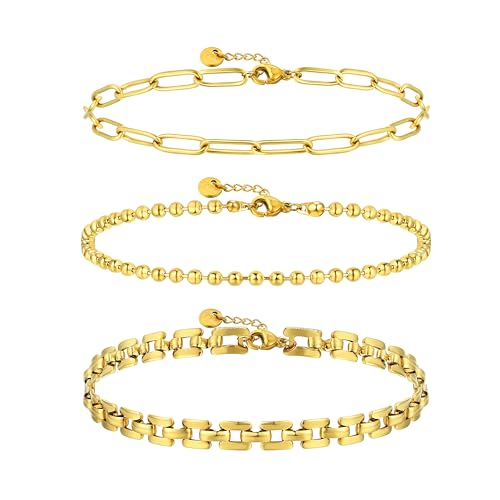 Joya Love Goldene Kette Edelstahl Wasserdichte 6.8 inches 3 Stück Armbänder für Frauen Stapeln Wasserdicht Nicht Anlaufend Zierliches Schmuckset von Joya Love