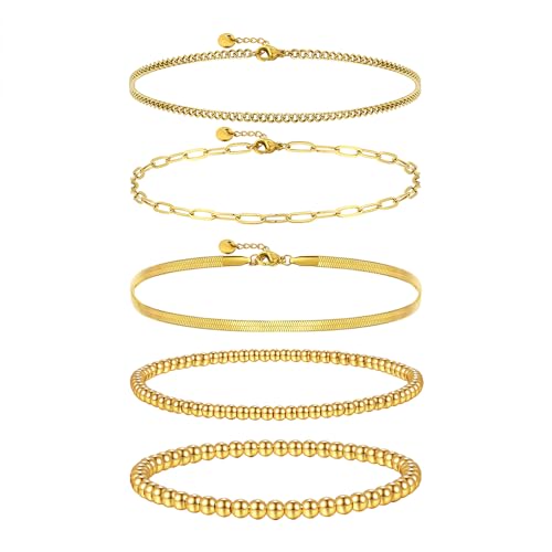 Joya Love Goldkette Edelstahl wasserdichtes Armband 7.2 inches 5 Stück, Set Damen stapelbar wasserdicht lichtecht stapelbar exquisiter Schmuck von Joya Love