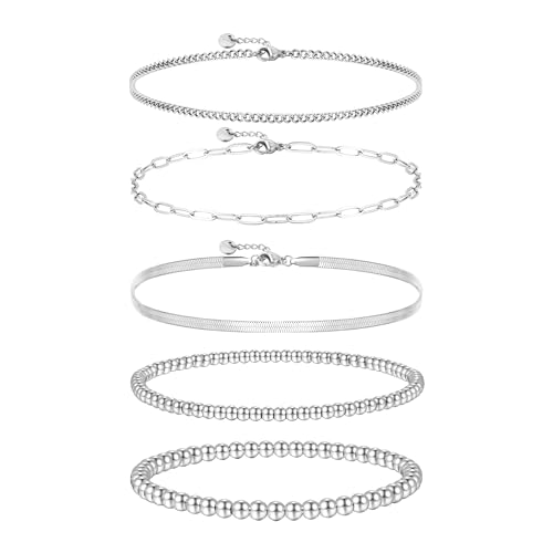 Joya Love Silberkette Edelstahl wasserdichtes Armband 7.2 inches 5 Stück, Set Damen stapelbar wasserdicht lichtecht stapelbar exquisiter Schmuck von Joya Love