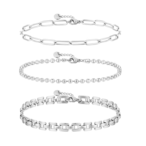 Joya Love Silberkette Goldene Kette Edelstahl Wasserdichte 6 inches 3 Stück Armbänder für Frauen Stapeln Wasserdicht Nicht Anlaufend Zierliches Schmuckset von Joya Love