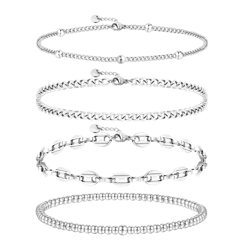 Joya Love Silberkette Goldene Kette Edelstahl Wasserdichte 6 inches 4 Stück Armbänder für Frauen Stapeln Wasserdicht Nicht Anlaufend Zierliches Schmuckset von Joya Love