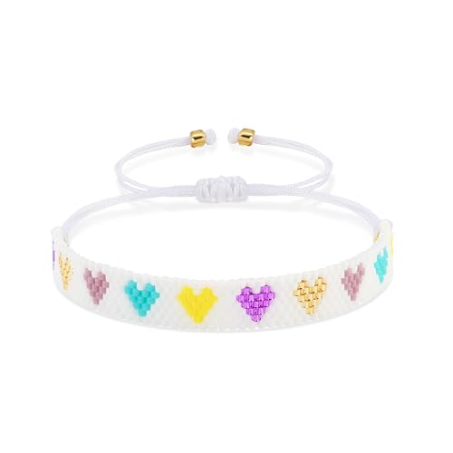 Joya Love Weißes Armband für Damen, Surfer-Geschenk, Liebesherz-Muster, Rocailles-Perlen, verstellbar, handgefertigt, Muster, Boho-Statement, elegantes Handgelenkband von Joya Love