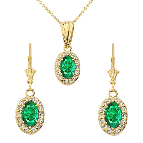 Joyara Diamant und Smaragd Oval Anhänger Halskette und Earrings Set in 14 Karat Gelb Gold (Verfügbare Kettenlänge 40 cm - 45 cm - 50 cm - 55 cm) 20" von Joyara