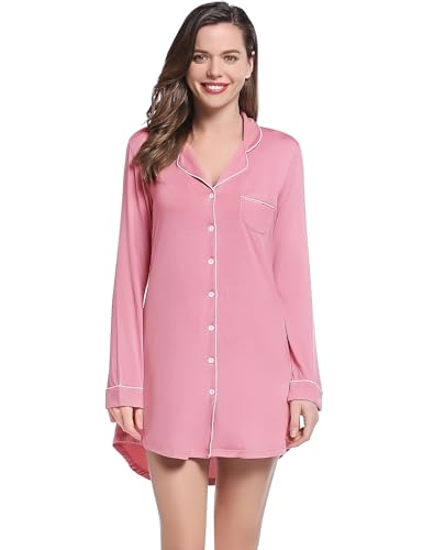 Damen Nachthemd Langarm Große Größen Geknöpft Kurz Viskose Geburtshemd Still Nachthemd(Staubige Rosa,XXL) von Joyaria