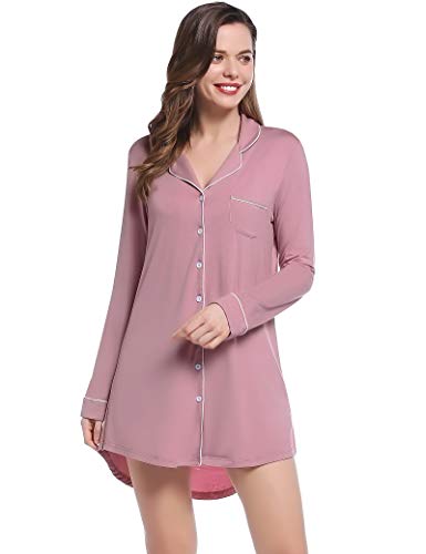 Damen Nachthemd Langarm Sleepshirt Nachtkleid Kurz Knöpfe Schlafshirt Nachtwäsche für Frauen(Staubige Rosa,XL) von Joyaria