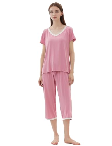 Damen Schlafanzug Kurz-Top mit 3/4 Pyjamahose Coole Sommer Pyjamas Zweitiliger Bambus Loungewear Weicht Sleepwear(Staubiges Rosa,XXL) von Joyaria