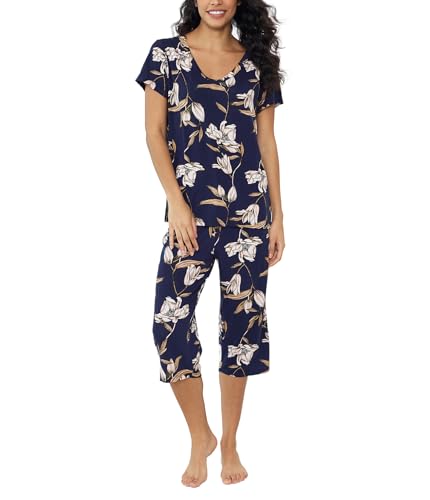 Schlafanzug Damen Kurz-Kurzarm Sommer Zweiteiliger Sommer Pyjama Sets Capri Nachtwäsche Nachthemd Hausanzug(Lily Dark Blue,M) von Joyaria