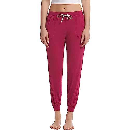 Joyaria Pyjamahose Damen Lang Schlafhose Stretch Jogginghose Frühling Sporthose Weiche Yogahose Trainingshose mit Bündchen(Rot,M) von Joyaria