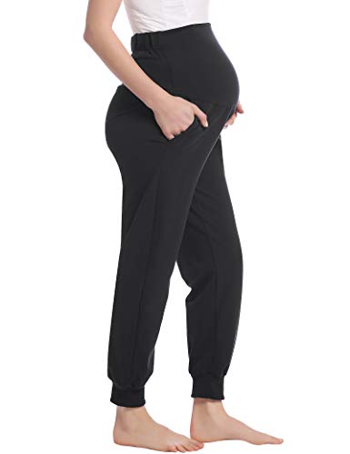 Damen Schwangerschaftshose Umstandshose Jogginghose Lang Schlafanzug/Pyjama/Yoga Hose Baumwolle(Schwarz,L) von Joyaria