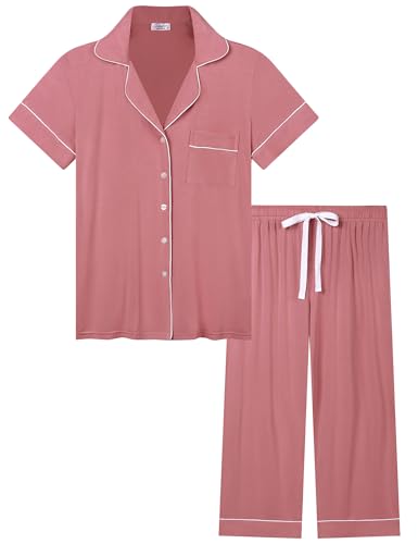 Joyaria 3/4 Hose Pyjama Set Damen Kurzarm mit Knopfleiste Schlafanzug Kurz für Frauen Zweiteiliger Nachtwäsche Caprihose (Altrosa, S) von Joyaria