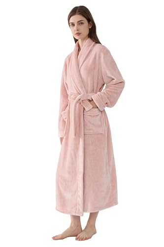 Joyaria Bademantel Damen Winter Flanell Lang Morgenmantel Fleece Warm und Weich Saunamantel und Gürtel Microfaser(Rosa,L) von Joyaria