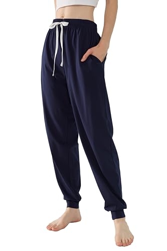 Joyaria Baumwolle Jogginghose Damen Lang Sporthose Freizeithose Trainingshose High Waist Sweatpants Lounge Hose für Frauen(Marineblau,XXL) von Joyaria