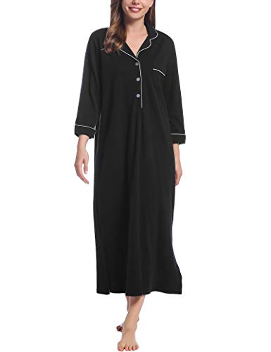 Joyaria Damen Nachthemd Langarm Baumwolle Nachtwäsche V-Ausschnitt Lange Nachtkleid Knopfleiste Schlafshirt Sleepwear Schlafhemd(Schwarz,M) von Joyaria