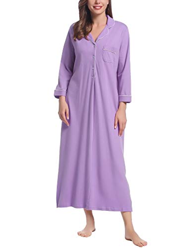 Joyaria Damen Nachthemd Langarm Baumwolle Nachtwäsche V-Ausschnitt Lange Nachtkleid Knopfleiste Schlafshirt Sleepwear Schlafhemd(Violett,M) von Joyaria