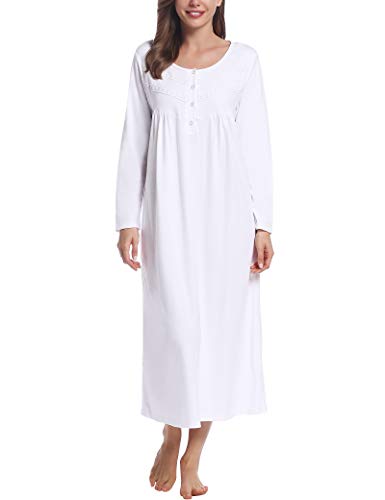 Joyaria Damen 100% Baumwolle Nachthemd/Schlafkleid/Schlafhemd Lang Kuschelig Wärmt Nachtshirt Knöchellang(Weiß,M) von Joyaria