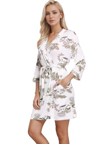 Joyaria Damen Sauna Bademantel Leicht Morgenmantel Kurz Saunamantel Kimono Robe Hausmantel mit Kimono-Kragen Viskose aus Bambus 3/4 Ärmel(Blumen,S) von Joyaria