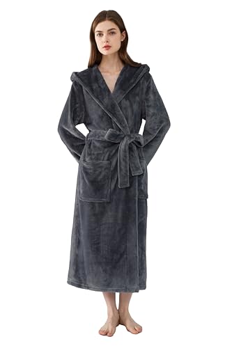 Joyaria Damen Bademantel mit Kapuze Fleece Morgenmantel Lang Winter Warm Weich Flanell Super Flauschiger Saunamantel Frauen(Grau,L) von Joyaria
