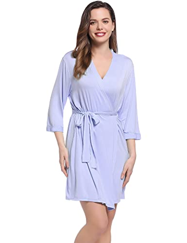 Joyaria Damen Sauna Bademantel Leicht 3/4 Ärmel Morgenmantel Kurz mit Gürtel Saunamantel Kimono Robe Hausmantel Viskose aus Bambus V-Ausschnitt(Helles Lila,XXL) von Joyaria