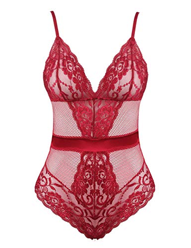 Joyaria Damen Elegant Body Wäsche Spitze Bodysuit Unterwäsche Bodysuit mit V-Ausschnitt(Rot,XXL) von Joyaria