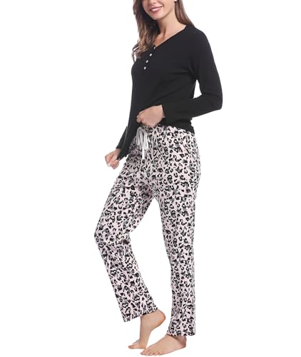 Joyaria Flanell Pyjama Damen Winter Schlafanzug Zweiteilger Lang Frottee Nachtwäsche V-Ausschnitt mit Knöpfen 100% Bamuwolle Hausanzug Lässige Lougewear(Leopard Schwarz,S) von Joyaria