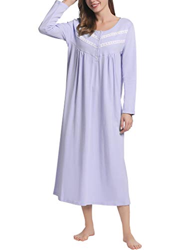 Joyaria Damen Baumwolle Nachthemd Langarm Schlafkleid Viktorianisch Nachtkleid Weiches Lounge Kleid mit Knopfleiste(Helles Lila,XXL) von Joyaria