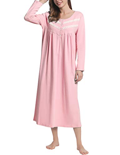 Joyaria Damen Baumwolle Nachthemd Langarm Schlafkleid Viktorianisch Nachtkleid Weiches Lounge Kleid mit Knopfleiste(Rosa,XXL) von Joyaria