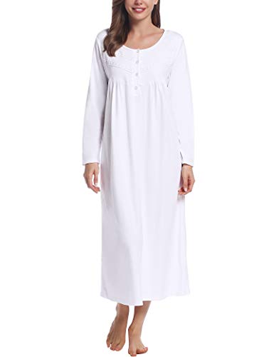Joyaria Damen Baumwolle Nachthemd Langarm Schlafkleid Viktorianisch Nachtkleid Weiches Lounge Kleid mit Knopfleiste(Weiß,XXL) von Joyaria