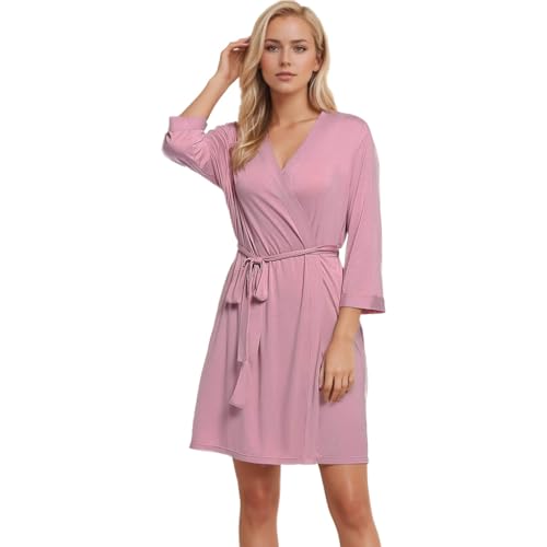 Joyaria Damen Sauna Bademantel Leicht Morgenmantel Kurz Saunamantel Kimono Robe Hausmantel mit Kimono-Kragen Viskose aus Bambus 3/4 Ärmel(Staubige Rose,S) von Joyaria