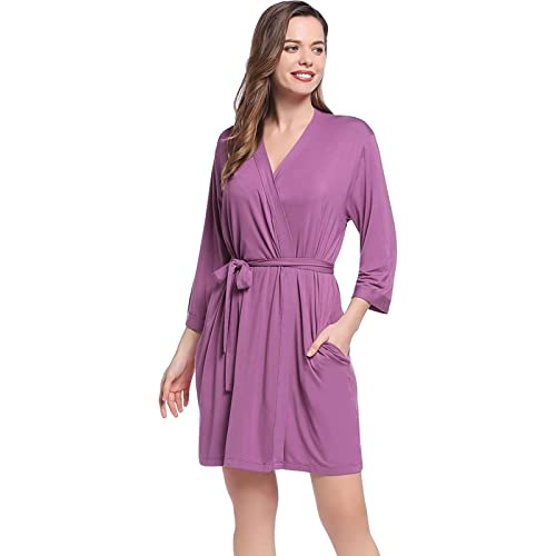 Joyaria Morgenmantel Damen Leicht 3/4 Ärmel Sauna Bademantel Kurz Saunamantel Kimono Robe Hausmantel mit Kimono-Kragen Viskose aus Bambus(Staubige Lila,XL) von Joyaria