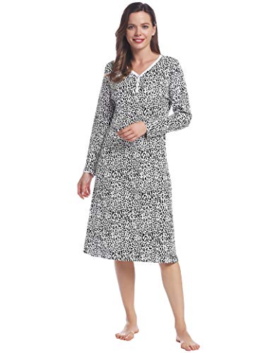 Joyaria Damen Nachrhemd Langarm Flanell Baumwolle Schlafhemd Schlafkleid Hauskleid Lang Knöpfe Winter Warm Jersey Pyjama Kleid(Leopard Weiß, Große XL) von Joyaria