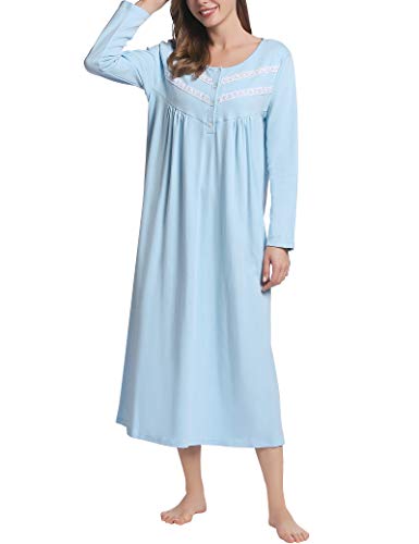 Joyaria Damen Nachthemd Baumwolle Nachtkleid Langarm Viktorianisch Nachtwäsche Vintage Schlafanzug mit Knopfleiste(Blau,L) von Joyaria