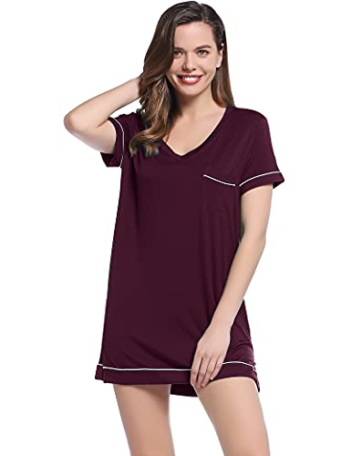 Joyaria Nachtwäsche Damen Kurzarm Nachthemd Sommer Coole Schlafshirt Leicht Sleepshirt Weicht Schlafhemd Bequme Viskose Nachtkleid(Burgund,M) von Joyaria