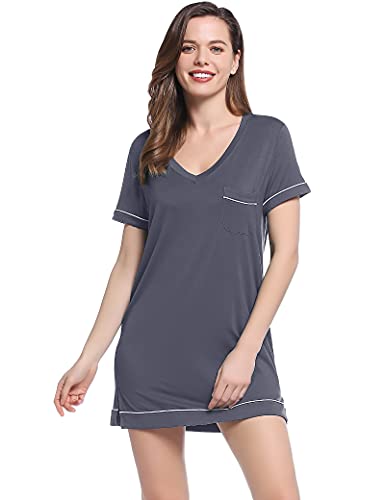 Joyaria Nachtwäsche Damen Kurzarm Nachthemd Sommer Coole Schlafshirt Leicht Sleepshirt Weicht Schlafhemd Bequme Viskose Nachtkleid(Dunkelgrau,M) von Joyaria