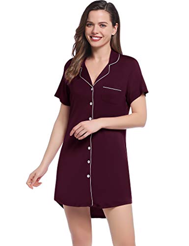 Joyaria Nachthemd Damen Kurzarm Knöpfe, Baumwolle Nachtwäsche Kurze mit Knopfleiste V-Ausschnitt Schlafshirt Frauen (Burgund，XXL) von Joyaria