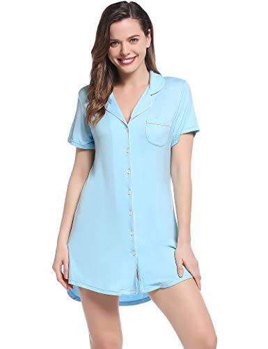 Joyaria Damen Nachthemd Kurzarm, Baumwolle Nachtwäsche mit Knopfleiste V-Ausschnitt Schlafshirt Frauen Kurze von Joyaria