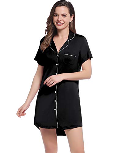 Joyaria Nachthemd Damen Kurzarm Knielang, Baumwolle Nachtwäsche Kurze mit Knopfleiste Schlafshirt Frauen (Schwarz，M) von Joyaria