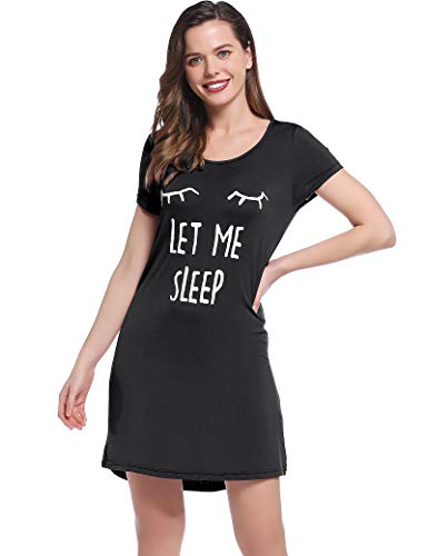 Joyaria Damen Nachthemd Kurzarm Viskose aus Bambus Süß Schlafshirt Sommer Sleepshirt T-Shirt Schlafhemd Weiche Frauen Nachtwäsche Nachtkleid Sleepwear(Schwarz,S) von Joyaria