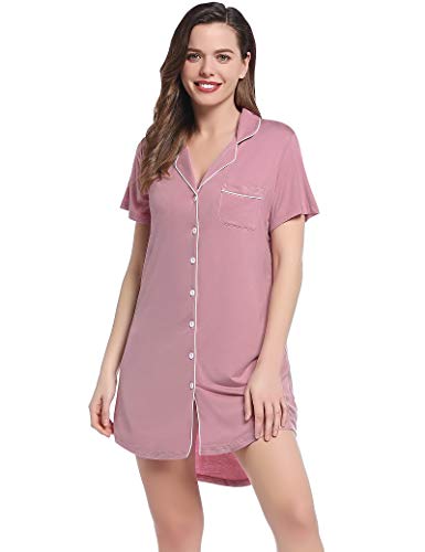 Joyaria Damen Nachthemd Kurzarm, Baumwolle Nachtwäsche mit Knopfleiste V-Ausschnitt Schlafshirt Frauen Kurze(Staubige Rose，M) von Joyaria