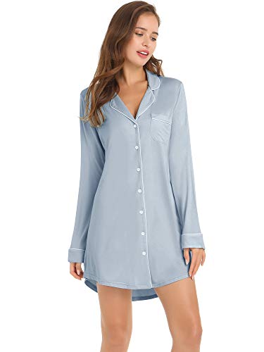 Joyaria Damen Nachthemd Langarm Knopfleiste Durchgehend Pyjama Schlafshirt Super Kuschelig(Staubiges Blau,L) von Joyaria