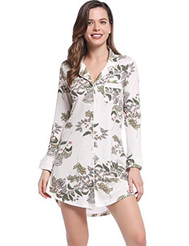 Joyaria Damen Nachthemd Langarm Durchgeknöpft Knopfleiste Pyjama Hemd Schlafshirt/Nachtkleid Kurz(Blumenmuster,S) von Joyaria