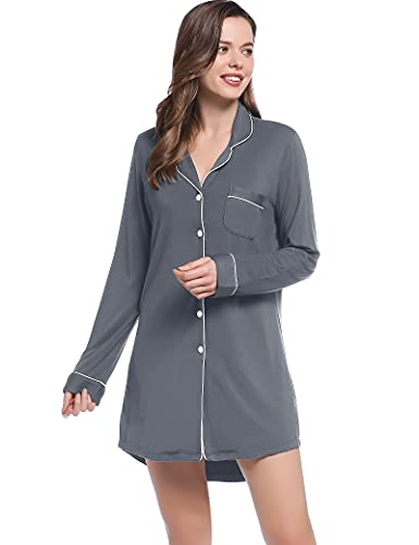 Joyaria Damen Nachthemd Langarm Durchgeknöpft Knopfleiste Pyjama Hemd Schlafshirt/Nachtkleid Kurz(Dunkelgrau,S) von Joyaria