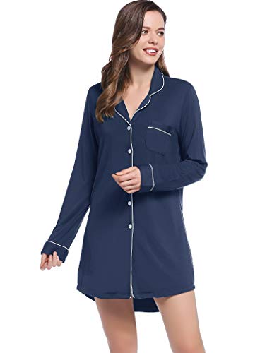 Joyaria Damen Nachthemd Langarm Durchgeknöpft Knopfleiste Pyjama Hemd Schlafshirt/Nachtkleid Kurz(Marineblau,S) von Joyaria