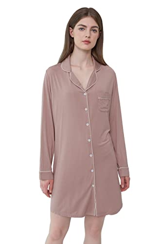 Joyaria Damen Nachthemd Langarm Durchgeknöpft Knopfleiste Pyjama Kurz Schlafshirt/Nachtkleid (Hellrosa,L) von Joyaria