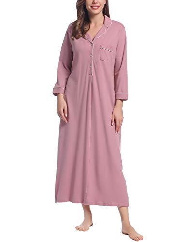 Joyaria Damen Nachthemd Langarm Elegant Sleepshirt Weich Schlafkleid Lange Nachthemden Warm Nachtkleid Locker Sleepwear V-Ausschnitt(Staubige Rose,S) von Joyaria