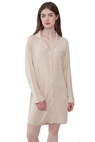 Joyaria Damen Nachthemd Langarm Geknöpft Kurz Viskose Geburtshemd Still Nachthemd(Creme,L) von Joyaria