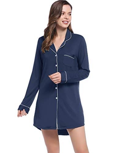 Joyaria Damen Nachthemd Langarm Große Größen Geknöpft Kurz Viskose Geburtshemd Still Nachthemd(Marineblau,XXL) von Joyaria